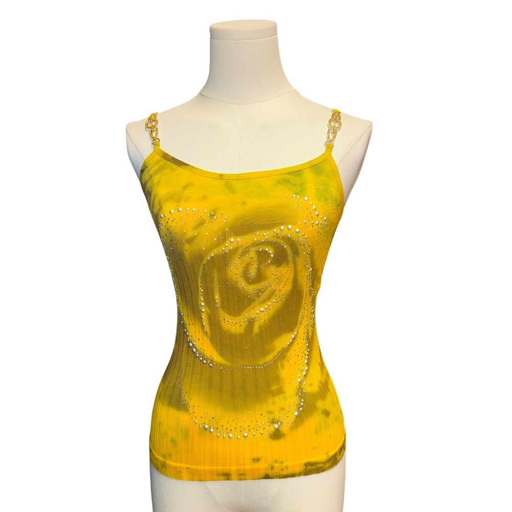 M.U.S.A. Cami Tank Top Womens OS Yellow Good Rhinestone Rose Chain Strap Ribbed